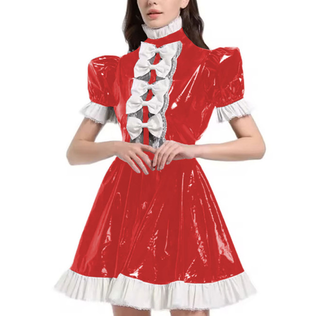 Mens Sexy Sissy Maid Uniform Outfit PVC Latex Ruffles Short Sleeve Bow A Line Dress Crossdressing Costume Halloween Cosplay