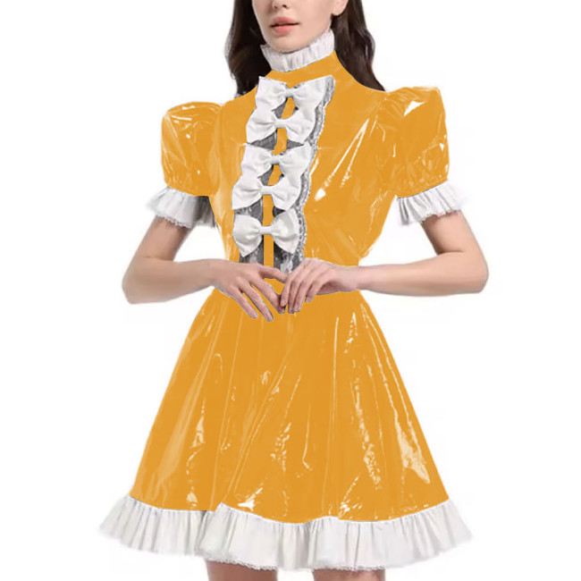 Mens Sexy Sissy Maid Uniform Outfit PVC Latex Ruffles Short Sleeve Bow A Line Dress Crossdressing Costume Halloween Cosplay