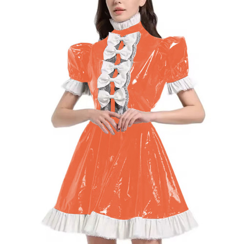 Mens Sexy Sissy Maid Uniform Outfit PVC Latex Ruffles Short Sleeve Bow A Line Dress Crossdressing Costume Halloween Cosplay