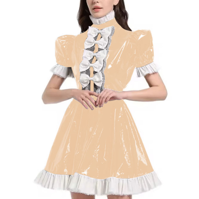 Mens Sexy Sissy Maid Uniform Outfit PVC Latex Ruffles Short Sleeve Bow A Line Dress Crossdressing Costume Halloween Cosplay