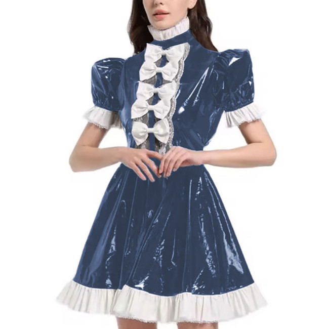 Mens Sexy Sissy Maid Uniform Outfit PVC Latex Ruffles Short Sleeve Bow A Line Dress Crossdressing Costume Halloween Cosplay