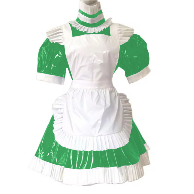 Adult Maid Lockable Dress Uniform Puff Sleeved Wetlook Patent Leather Short Maid Dress with Apron Cross-dresser Cosplay Costume