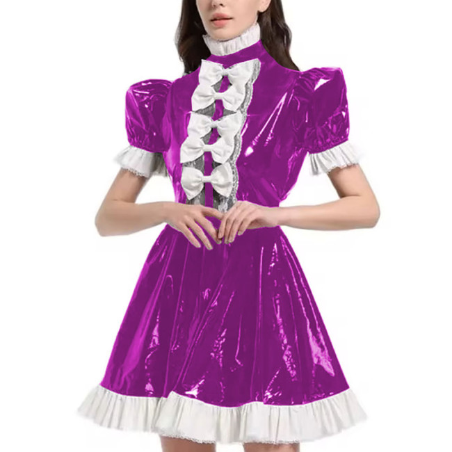 Mens Sexy Sissy Maid Uniform Outfit PVC Latex Ruffles Short Sleeve Bow A Line Dress Crossdressing Costume Halloween Cosplay