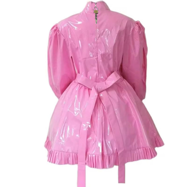 Lockable Sissy French Maid Costume Mens Crossdresser Long Puff Sleeve Patent Leather Lolita Dress Servant Crossdress with Belt