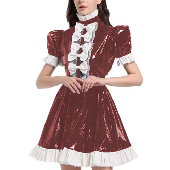 Mens Sexy Sissy Maid Uniform Outfit PVC Latex Ruffles Short Sleeve Bow A Line Dress Crossdressing Costume Halloween Cosplay