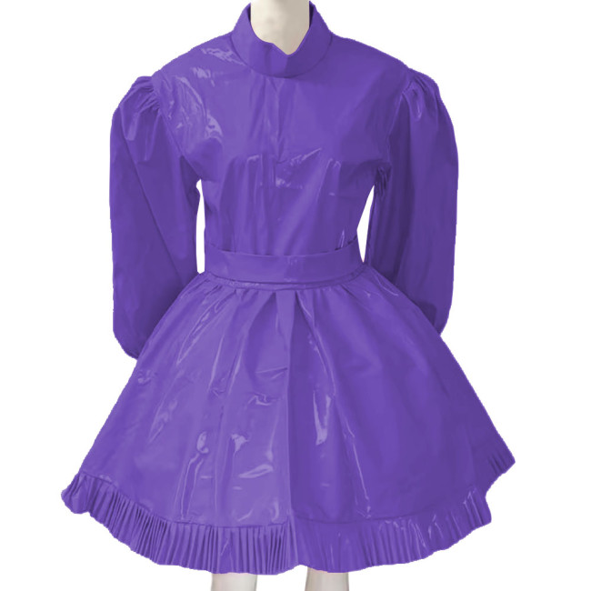 Lockable Sissy French Maid Costume Mens Crossdresser Long Puff Sleeve Patent Leather Lolita Dress Servant Crossdress with Belt