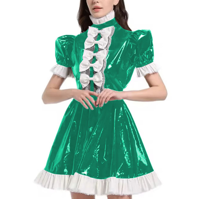 Mens Sexy Sissy Maid Uniform Outfit PVC Latex Ruffles Short Sleeve Bow A Line Dress Crossdressing Costume Halloween Cosplay