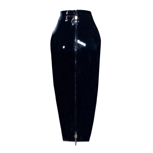 Black Slim Leather Lockable Hobble Skirts Sissy Pencil Midi Skirt High Waist Sexy Fashion Womens Femme Glossy Patent Leather