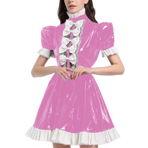 Mens Sexy Sissy Maid Uniform Outfit PVC Latex Ruffles Short Sleeve Bow A Line Dress Crossdressing Costume Halloween Cosplay