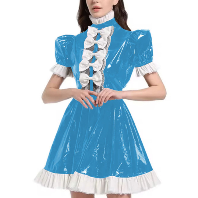 Mens Sexy Sissy Maid Uniform Outfit PVC Latex Ruffles Short Sleeve Bow A Line Dress Crossdressing Costume Halloween Cosplay