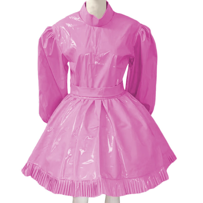 Lockable Sissy French Maid Costume Mens Crossdresser Long Puff Sleeve Patent Leather Lolita Dress Servant Crossdress with Belt