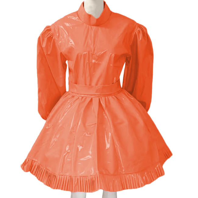 Lockable Sissy French Maid Costume Mens Crossdresser Long Puff Sleeve Patent Leather Lolita Dress Servant Crossdress with Belt