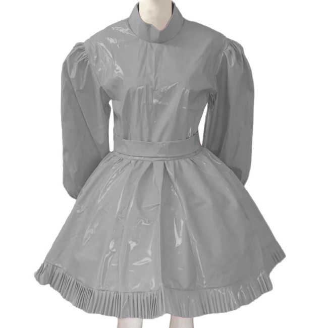 Lockable Sissy French Maid Costume Mens Crossdresser Long Puff Sleeve Patent Leather Lolita Dress Servant Crossdress with Belt