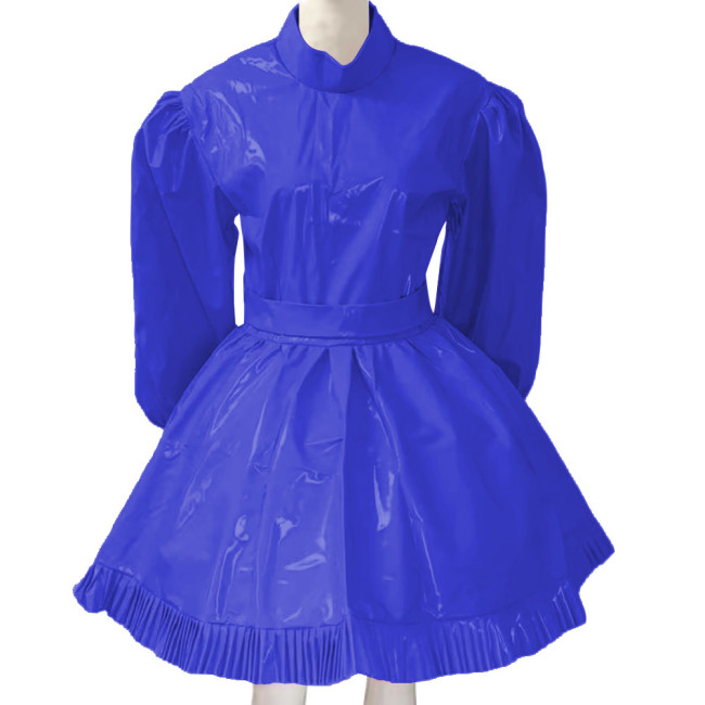 Lockable Sissy French Maid Costume Mens Crossdresser Long Puff Sleeve Patent Leather Lolita Dress Servant Crossdress with Belt