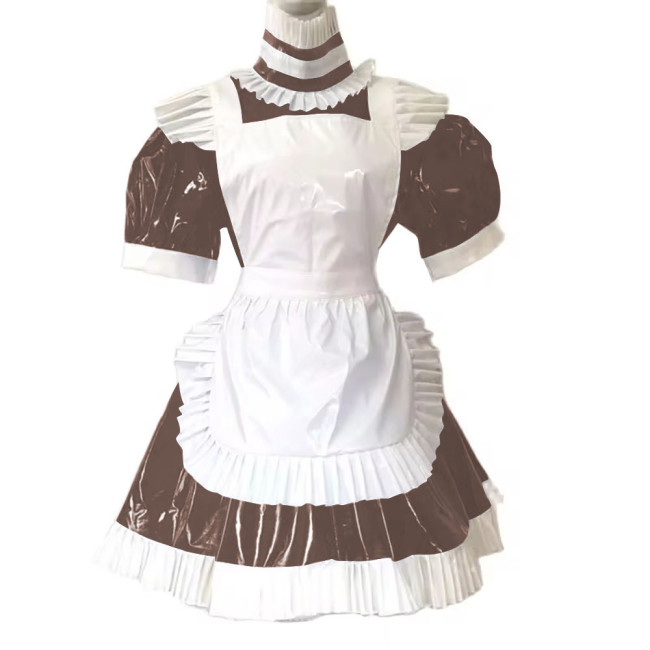 Adult Maid Lockable Dress Uniform Puff Sleeved Wetlook Patent Leather Short Maid Dress with Apron Cross-dresser Cosplay Costume