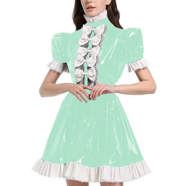 Mens Sexy Sissy Maid Uniform Outfit PVC Latex Ruffles Short Sleeve Bow A Line Dress Crossdressing Costume Halloween Cosplay