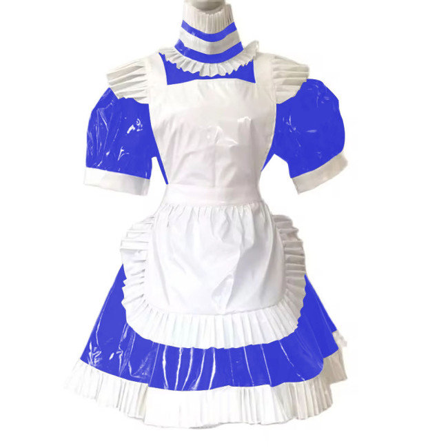 Adult Maid Lockable Dress Uniform Puff Sleeved Wetlook Patent Leather Short Maid Dress with Apron Cross-dresser Cosplay Costume