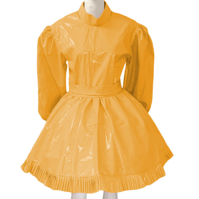 Lockable Sissy French Maid Costume Mens Crossdresser Long Puff Sleeve Patent Leather Lolita Dress Servant Crossdress with Belt