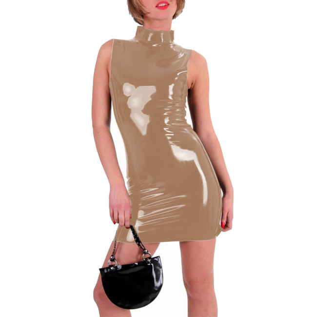 Women Shiny Patent Leather Mini Dress Ladies High Street Sleeveless Bodycon Dress Fashion High Neck Slim Dress Female Clubwear