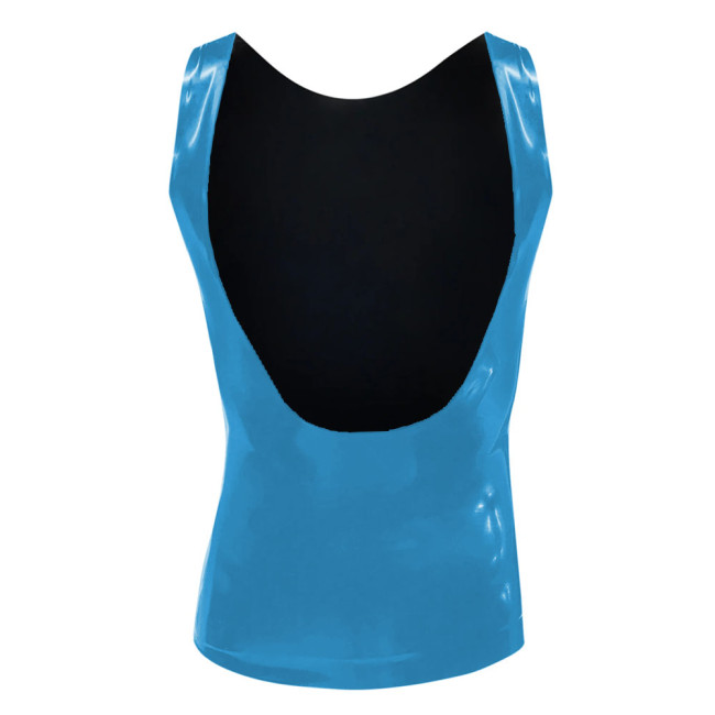 Mens Suspender Tank Tops Glossy PVC Leather Sleeveless Slim T-shirts Sexy Nightclub Deep U-neck Vest Stretch Muscle Hollow Tops