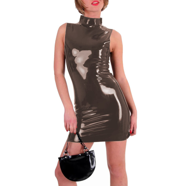 Women Shiny Patent Leather Mini Dress Ladies High Street Sleeveless Bodycon Dress Fashion High Neck Slim Dress Female Clubwear