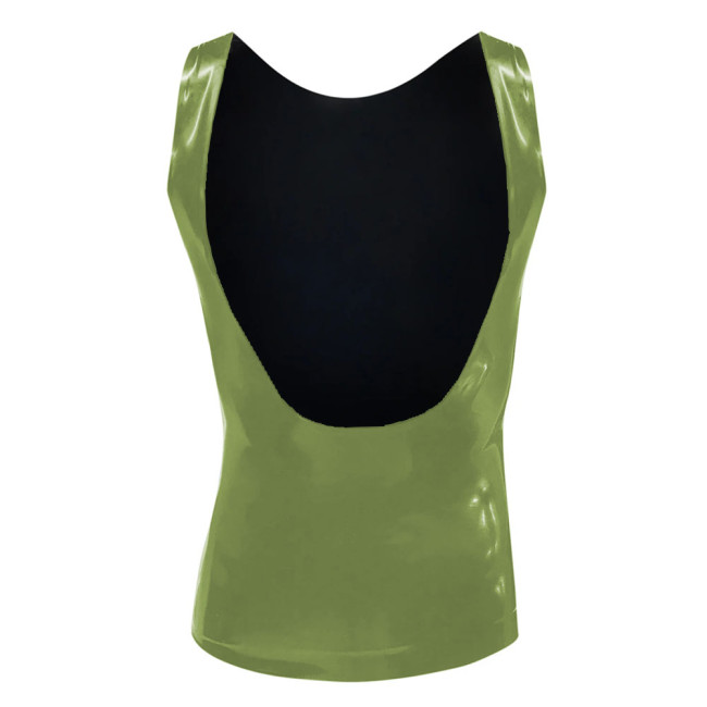 Mens Suspender Tank Tops Glossy PVC Leather Sleeveless Slim T-shirts Sexy Nightclub Deep U-neck Vest Stretch Muscle Hollow Tops
