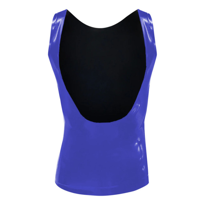 Mens Suspender Tank Tops Glossy PVC Leather Sleeveless Slim T-shirts Sexy Nightclub Deep U-neck Vest Stretch Muscle Hollow Tops