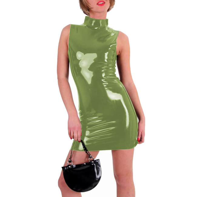 Women Shiny Patent Leather Mini Dress Ladies High Street Sleeveless Bodycon Dress Fashion High Neck Slim Dress Female Clubwear