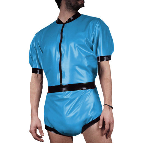 Men's Glossy Patent Leather Bodysuit Wet Look PVC Leather Short Sleeve Rompers Party Club Wear Stretch Patchwork Short Jumpsuit