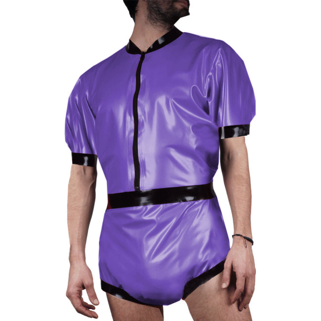 Men's Glossy Patent Leather Bodysuit Wet Look PVC Leather Short Sleeve Rompers Party Club Wear Stretch Patchwork Short Jumpsuit