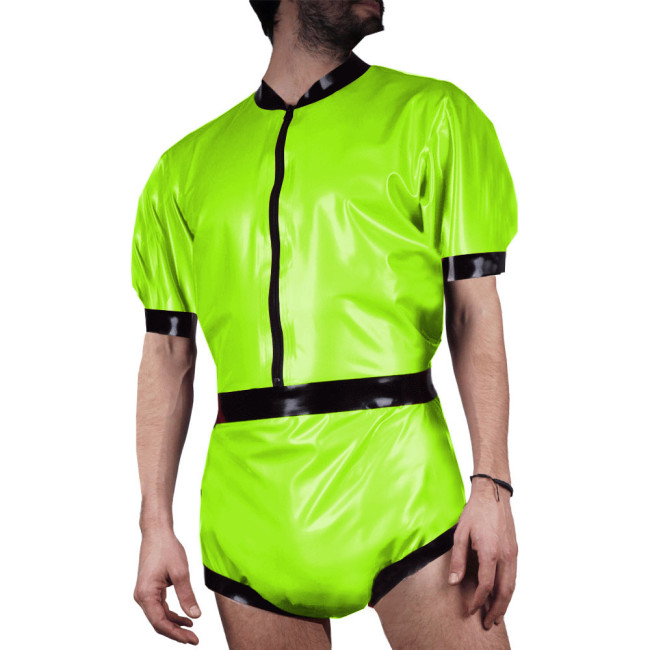 Men's Glossy Patent Leather Bodysuit Wet Look PVC Leather Short Sleeve Rompers Party Club Wear Stretch Patchwork Short Jumpsuit
