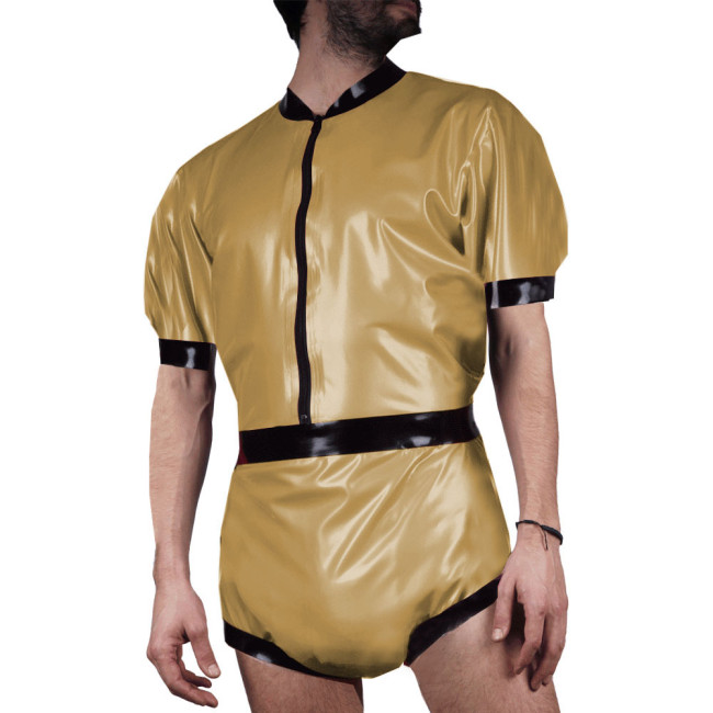 Men's Glossy Patent Leather Bodysuit Wet Look PVC Leather Short Sleeve Rompers Party Club Wear Stretch Patchwork Short Jumpsuit