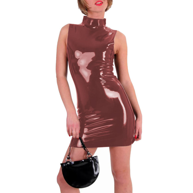 Women Shiny Patent Leather Mini Dress Ladies High Street Sleeveless Bodycon Dress Fashion High Neck Slim Dress Female Clubwear