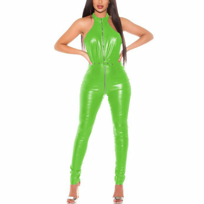 Sexy Faux Leather Catsuit Sleeveless Jumpsuit Front Zip Bodysuit with Hollow Out Back Nightclub Costume Female Outfits with Belt