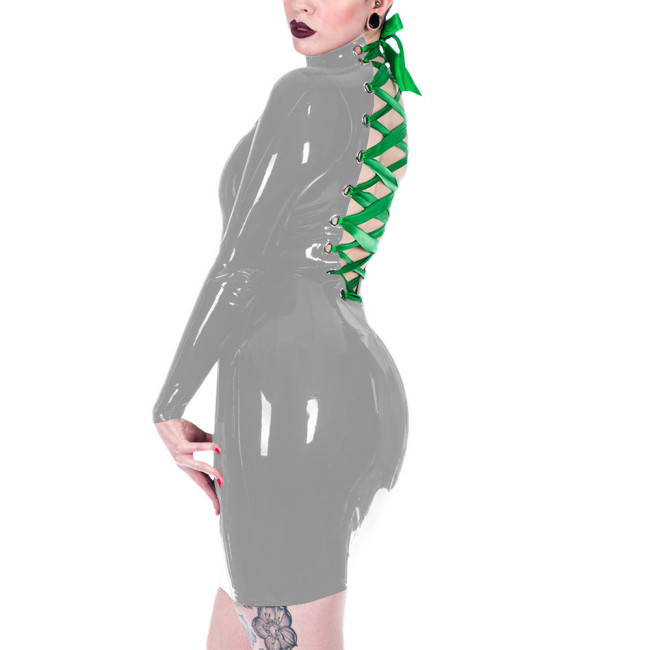 Long Sleeve Vinyl PVC Leather Deep V-neck Women Sexy Christmas Dress Back Strap Pencil Mini Dress Santa Holiday Clothing 7XL