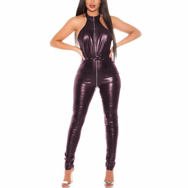 Sexy Faux Leather Catsuit Sleeveless Jumpsuit Front Zip Bodysuit with Hollow Out Back Nightclub Costume Female Outfits with Belt