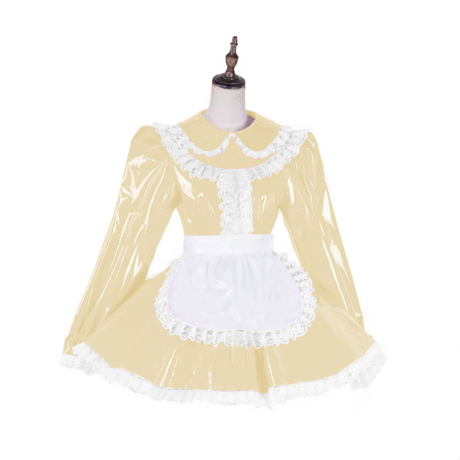 Adult Lockable Sexy Cross-dressing Dress Sissy French Maid Girl Pink Patent Leather Lace Dress Uniform Apron Role Play Dress