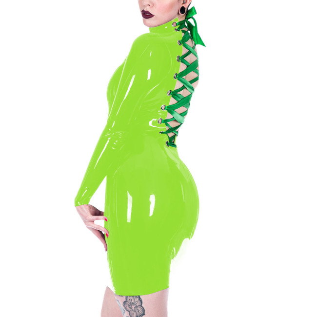 Long Sleeve Vinyl PVC Leather Deep V-neck Women Sexy Christmas Dress Back Strap Pencil Mini Dress Santa Holiday Clothing 7XL