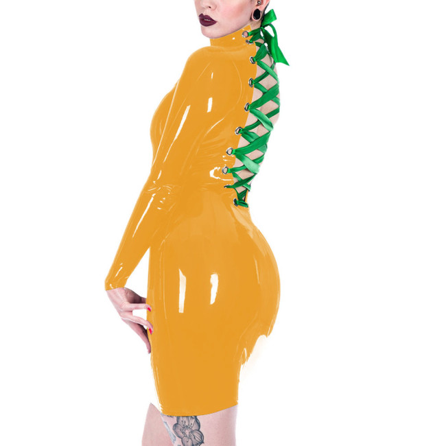 Long Sleeve Vinyl PVC Leather Deep V-neck Women Sexy Christmas Dress Back Strap Pencil Mini Dress Santa Holiday Clothing 7XL