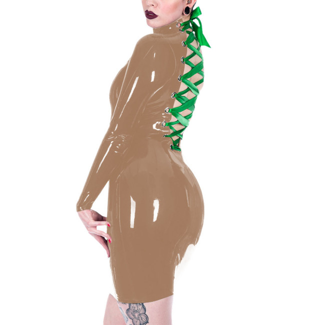 Long Sleeve Vinyl PVC Leather Deep V-neck Women Sexy Christmas Dress Back Strap Pencil Mini Dress Santa Holiday Clothing 7XL