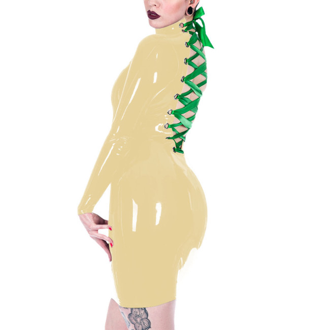 Long Sleeve Vinyl PVC Leather Deep V-neck Women Sexy Christmas Dress Back Strap Pencil Mini Dress Santa Holiday Clothing 7XL