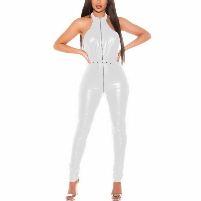 Sexy Faux Leather Catsuit Sleeveless Jumpsuit Front Zip Bodysuit with Hollow Out Back Nightclub Costume Female Outfits with Belt