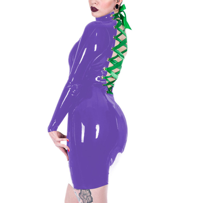 Long Sleeve Vinyl PVC Leather Deep V-neck Women Sexy Christmas Dress Back Strap Pencil Mini Dress Santa Holiday Clothing 7XL