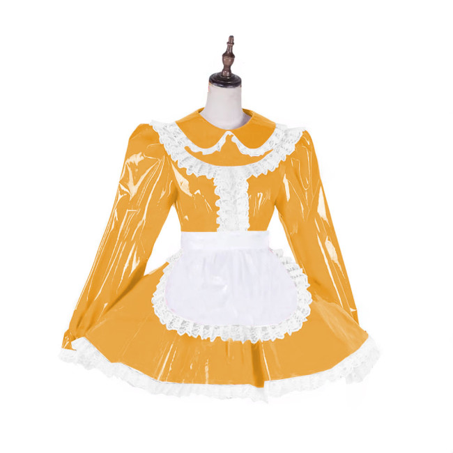Adult Lockable Sexy Cross-dressing Dress Sissy French Maid Girl Pink Patent Leather Lace Dress Uniform Apron Role Play Dress