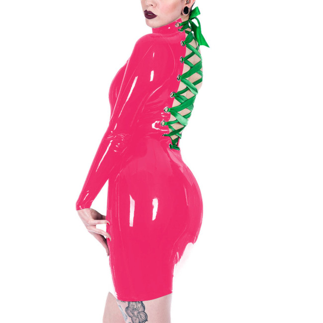 Long Sleeve Vinyl PVC Leather Deep V-neck Women Sexy Christmas Dress Back Strap Pencil Mini Dress Santa Holiday Clothing 7XL
