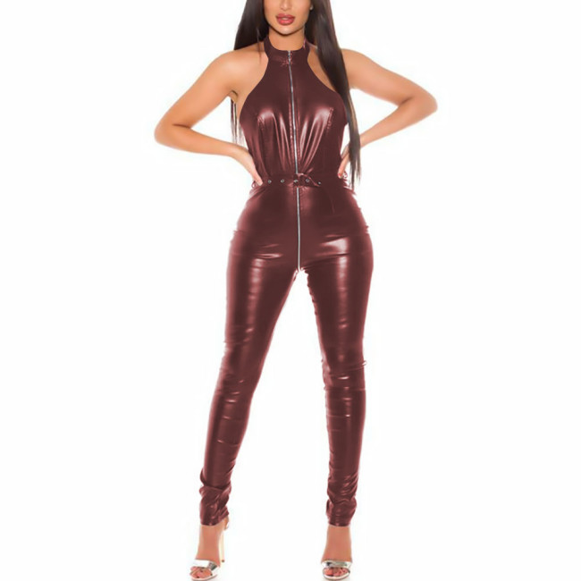 Sexy Faux Leather Catsuit Sleeveless Jumpsuit Front Zip Bodysuit with Hollow Out Back Nightclub Costume Female Outfits with Belt