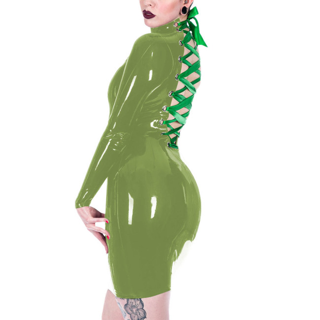 Long Sleeve Vinyl PVC Leather Deep V-neck Women Sexy Christmas Dress Back Strap Pencil Mini Dress Santa Holiday Clothing 7XL