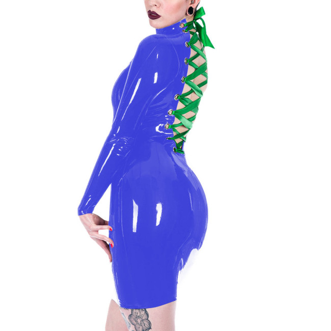 Long Sleeve Vinyl PVC Leather Deep V-neck Women Sexy Christmas Dress Back Strap Pencil Mini Dress Santa Holiday Clothing 7XL