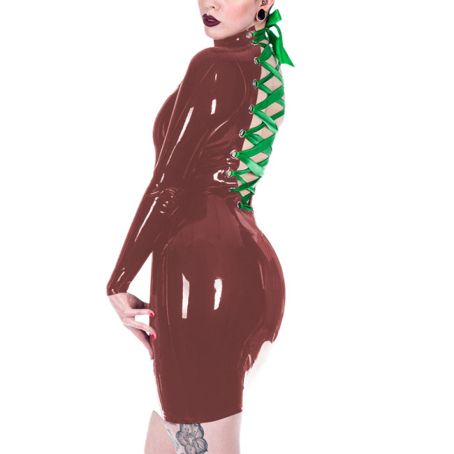Long Sleeve Vinyl PVC Leather Deep V-neck Women Sexy Christmas Dress Back Strap Pencil Mini Dress Santa Holiday Clothing 7XL