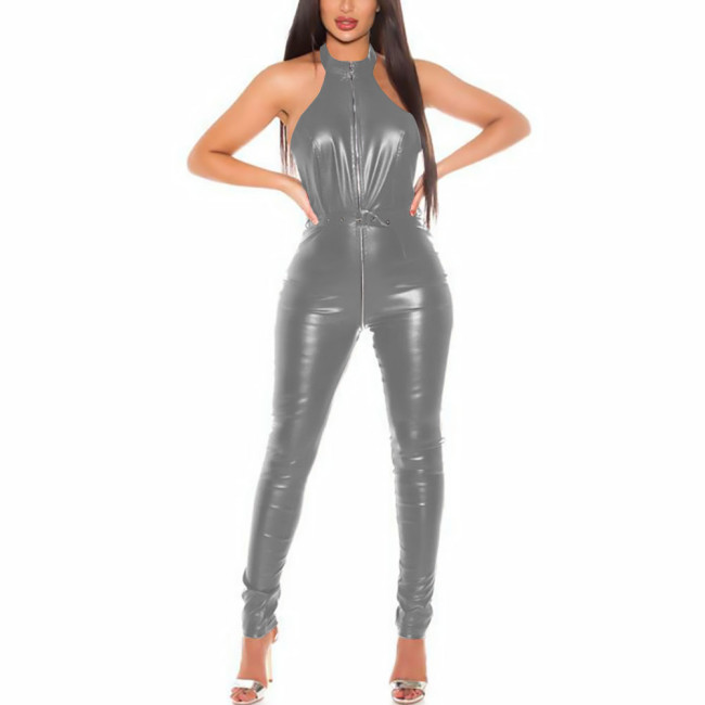 Sexy Faux Leather Catsuit Sleeveless Jumpsuit Front Zip Bodysuit with Hollow Out Back Nightclub Costume Female Outfits with Belt